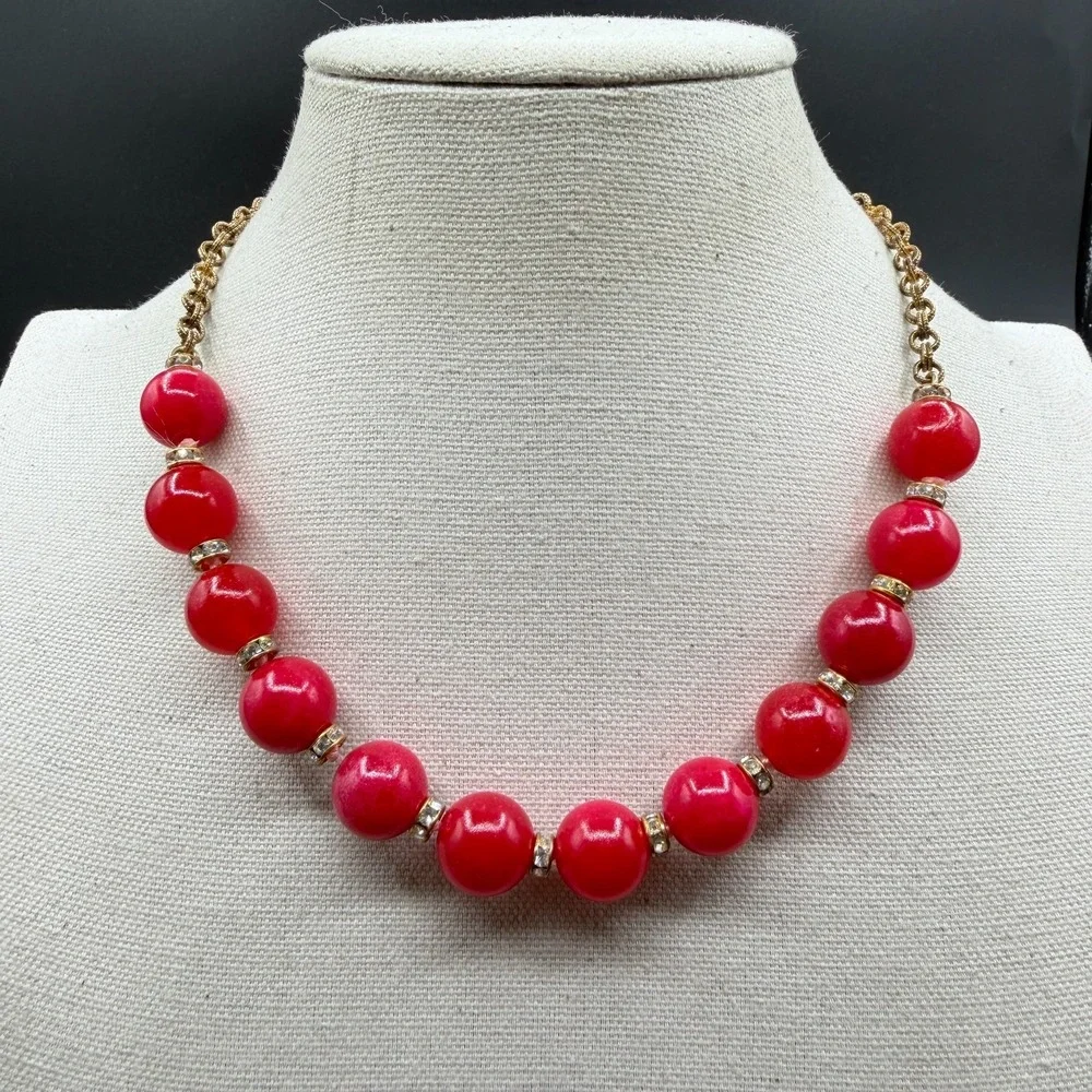 Red Bead Statement Necklace Gold Tone Chain Rhinestone Spacers Chunky Jewelry